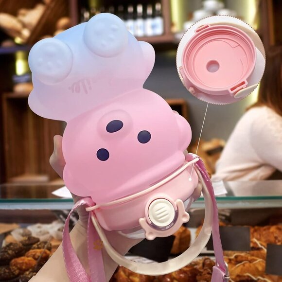Cute Bear Water Bottle: 32oz Kawaii Kids Water Bottles with Strap and Straw - Le - Picture 2 of 7